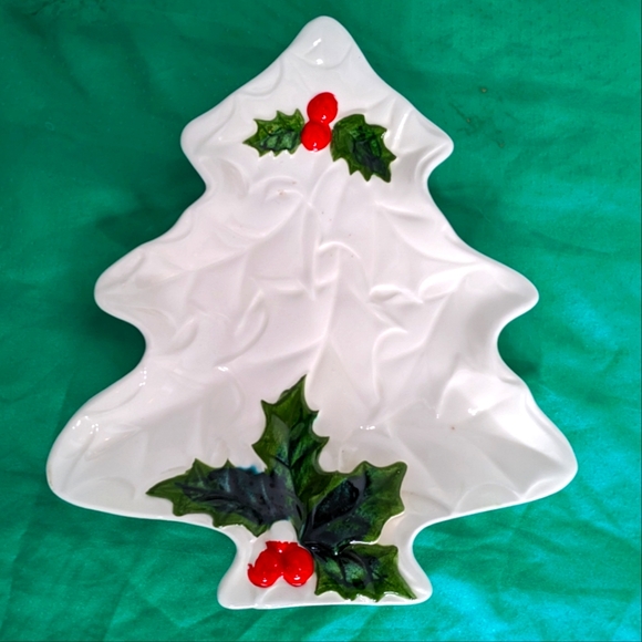 Lefton ceramic Christmas Tree candy nut dish Vintage 70s 6072 white green red - Picture 1 of 6